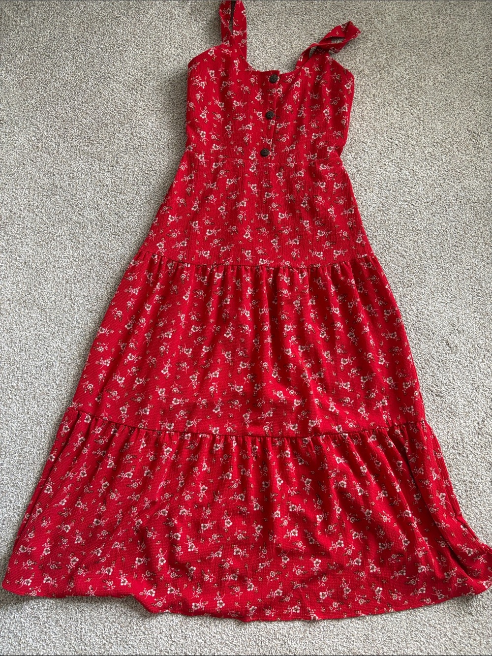 Monteau Red Floral Tiered Maxi Dress with Button Front